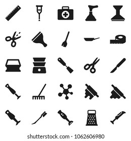 Flat vector icon set - plunger vector, scraper, broom, rake, sponge, car fetlock, pan, spatula, rolling pin, grater, double boiler, blender, ruler, scissors, measuring, first aid kit, social media