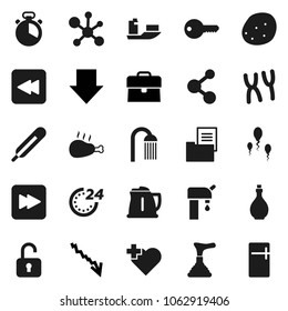 Flat vector icon set - plunger vector, shower, kettle, oil, cook timer, potato, chicken leg, molecule, crisis, case, arrow down, heart cross, ship, forward button, backward, thermometer, chromosomes