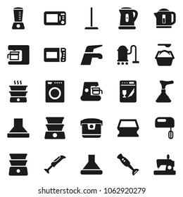 Flat vector icon set - plunger vector, water tap, vacuum cleaner, mop, sponge, washing powder, kettle, double boiler, blender, washer, dishwasher, mixer, coffee maker, hood, multi cooker