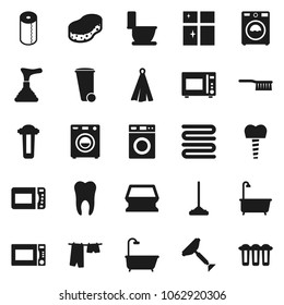 Flat vector icon set - plunger vector, scraper, fetlock, mop, sponge, trash bin, bath, toilet, drying clothes, washer, shining window, paper, towel, microwave oven, tooth, implant, water filter