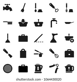 Flat vector icon set - plunger vector, broom, fetlock, water tap, toilet brush, pan, kettle, cook press, whisk, spatula, sieve, case, hand trainer, scalpel, supply, shopping bag, basket