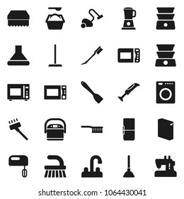 Flat vector icon set - plunger vector, vacuum cleaner, fetlock, mop, sponge, car, washing powder, water tap, spatula, microwave oven, double boiler, fridge, washer, mixer, hood, multi cooker