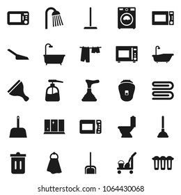 Flat vector icon set - plunger vector, scraper, cleaner trolley, mop, scoop, towel, trash bin, bath, toilet, drying clothes, washer, liquid soap, shining window, shower, microwave oven, epilator