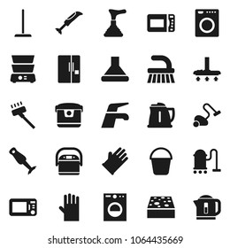 Flat vector icon set - plunger vector, water tap, vacuum cleaner, mop, bucket, sponge, rubber glove, kettle, double boiler, blender, fridge, washer, hood, multi cooker, microwave oven