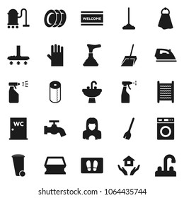 Flat vector icon set - plunger vector, broom, vacuum cleaner, mop, scoop, sponge, towel, trash bin, water tap, welcome mat, iron, washer, sprayer, rubber glove, washboard, plates, house hold, closet