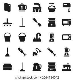 Flat vector icon set - plunger vector, vacuum cleaner, fetlock, mop, bucket, sponge, washing powder, water tap, kettle, spatula, microwave oven, double boiler, blender, mixer, sewing machine