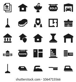 Flat vector icon set - plunger vector, fetlock, mop, sponge, car, window cleaning, iron, sink, cleaner woman, university, school building, warehouse, garage, plan, estate document, rooms signboard