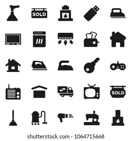 Flat vector icon set - plunger vector, vacuum cleaner, iron, dry cargo, home, house, sold signboard, relocation truck, tv, password, dishwasher, toaster, hair dryer, air conditioner, sewing machine