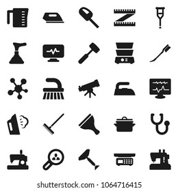 Flat vector icon set - plunger vector, scraper, fetlock, rake, car, iron, steaming, pan, measuring cup, meat hammer, double boiler, telescope, social media, crutches, stethoscope, diagnostic monitor