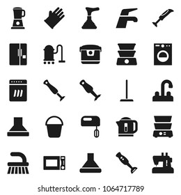 Flat vector icon set - plunger vector, water tap, vacuum cleaner, fetlock, mop, bucket, rubber glove, microwave oven, double boiler, blender, fridge, washer, dishwasher, mixer, hood, multi cooker