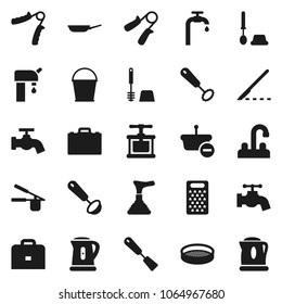 Flat vector icon set - plunger vector, bucket, water tap, toilet brush, pan, kettle, cook press, whisk, spatula, ladle, grater, sieve, case, hand trainer, scalpel, supply, basket