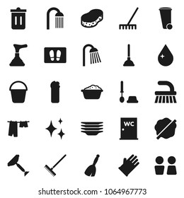 Flat vector icon set - plunger vector, scraper, broom, fetlock, rake, bucket, sponge, trash bin, water drop, shining, splotch, welcome mat, drying clothes, toilet brush, foam basin, cleaning agent