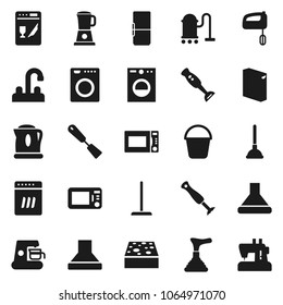Flat vector icon set - plunger vector, vacuum cleaner, mop, bucket, sponge, washing powder, water tap, spatula, microwave oven, blender, fridge, washer, dishwasher, mixer, coffee maker, hood, kettle