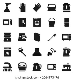 Flat vector icon set - plunger vector, vacuum cleaner, fetlock, bucket, sponge, car, washing powder, rubber glove, kettle, microwave oven, double boiler, fridge, washer, dishwasher, coffee maker