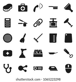Flat vector icon set - plunger vector, scraper, broom, fetlock, rake, sponge, steaming, pan, measuring cup, cook press, whisk, cutting board, grater, sieve, first aid kit, social media, stethoscope