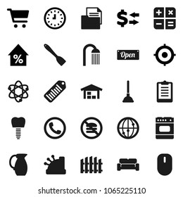 Flat vector icon set - plunger vector, shower, spatula, jug, atom, exchange, cart, percent growth, clock, target, clipboard, no fastfood, document, barcode, internet, tooth implant, barn, fence