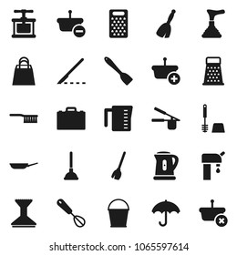 Flat vector icon set - plunger vector, broom, fetlock, bucket, car, toilet brush, pan, kettle, measuring cup, cook press, whisk, spatula, grater, case, umbrella, scalpel, water supply, shopping bag