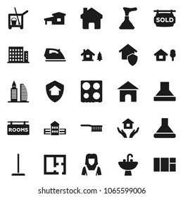 Flat vector icon set - plunger vector, cleaner trolley, fetlock, mop, iron, house hold, sink, woman, oven, school building, home, cottage, chalet, plan, rooms signboard, sold, apartments, office