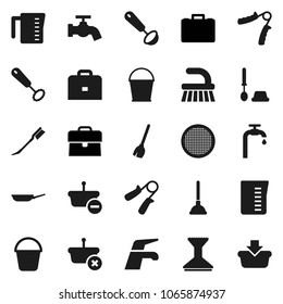 Flat vector icon set - plunger vector, broom, water tap, fetlock, bucket, car, toilet brush, pan, measuring cup, whisk, ladle, sieve, case, hand trainer, supply, basket