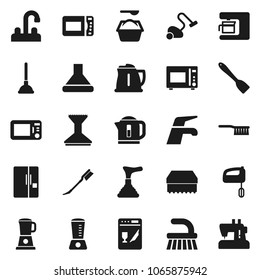 Flat vector icon set - plunger vector, water tap, vacuum cleaner, fetlock, sponge, car, washing powder, kettle, spatula, microwave oven, fridge, dishwasher, mixer, coffee maker, hood, blender