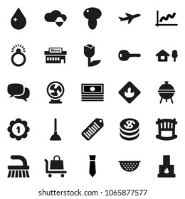 Flat vector icon set - plunger vector, fetlock, water drop, colander, bbq, mushroom, graph, cash, tie, medal, plane, tulip, flammable, barcode, dialog, cloud shield, chalet, key, crib, dollar coin