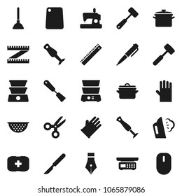 Flat vector icon set - plunger vector, steaming, rubber glove, pan, colander, spatula, meat hammer, cutting board, double boiler, blender, pen, ruler, scissors, measuring, first aid kit, scalpel