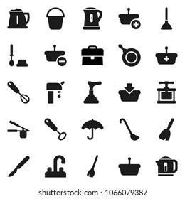 Flat vector icon set - plunger vector, broom, bucket, toilet brush, water tap, pan, kettle, cook press, whisk, ladle, case, umbrella, scalpel, supply, basket