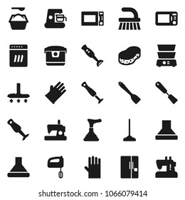Flat vector icon set - plunger vector, vacuum cleaner, fetlock, mop, sponge, washing powder, rubber glove, spatula, microwave oven, double boiler, blender, fridge, dishwasher, mixer, coffee maker