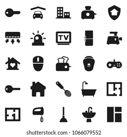 Flat vector icon set - plunger vector, sink, skimmer, tv, home, garage, plan, apartments, key, bath, love, fridge, protect, siren, mixer, meat grinder, toaster, epilator, air conditioner, gamepad