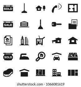 Flat vector icon set - plunger vector, cleaner trolley, mop, sponge, iron, steaming, shining window, dry cargo, key, cottage, chalet, garage, plan, estate document, sale signboard, sold, apartments