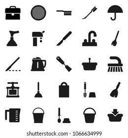 Flat vector icon set - plunger vector, broom, fetlock, bucket, car, toilet brush, water tap, kettle, measuring cup, cook press, spatula, sieve, case, umbrella, scalpel, supply, shopping bag, basket