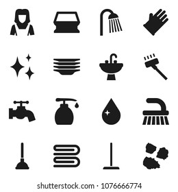 Flat vector icon set - plunger vector, vacuum cleaner, fetlock, mop, sponge, towel, water drop, tap, shining, liquid soap, rubber glove, plates, shower, sink, woman, garbage pile
