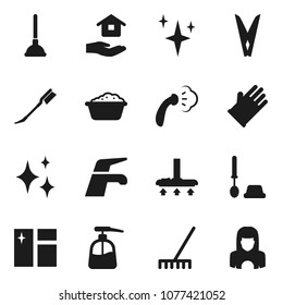Flat vector icon set - plunger vector, water tap, vacuum cleaner, rake, clothespin, car fetlock, shining, window cleaning, steaming, toilet brush, foam basin, liquid soap, rubber glove, house hold
