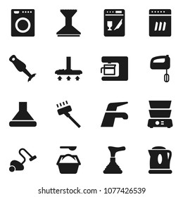 Flat vector icon set - plunger vector, water tap, vacuum cleaner, car fetlock, washing powder, double boiler, blender, washer, dishwasher, mixer, coffee maker, hood, kettle