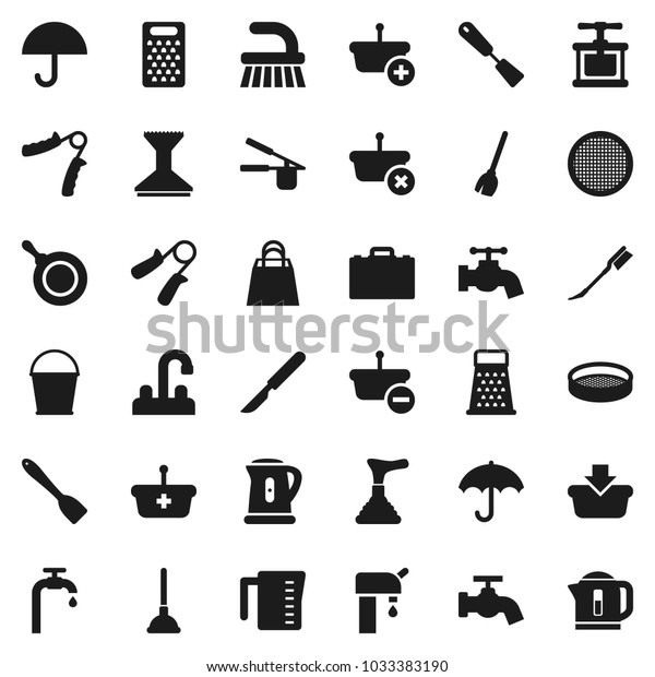Flat vector icon set - plunger vector, broom,
fetlock, bucket, water tap, car, pan, kettle, measuring cup, cook
press, spatula, grater, sieve, case, hand trainer, umbrella,
scalpel, supply, basket