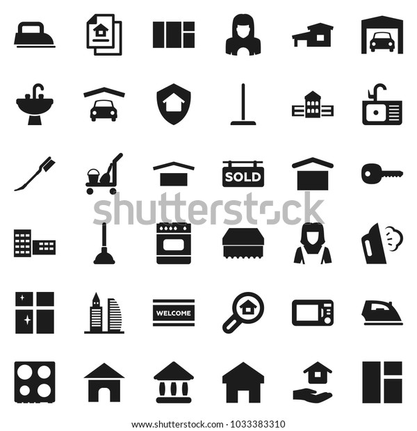 Flat vector icon set - plunger vector, cleaner\
trolley, mop, sponge, car fetlock, welcome mat, iron, steaming,\
shining window, house hold, sink, woman, oven, school building,\
university, dry cargo