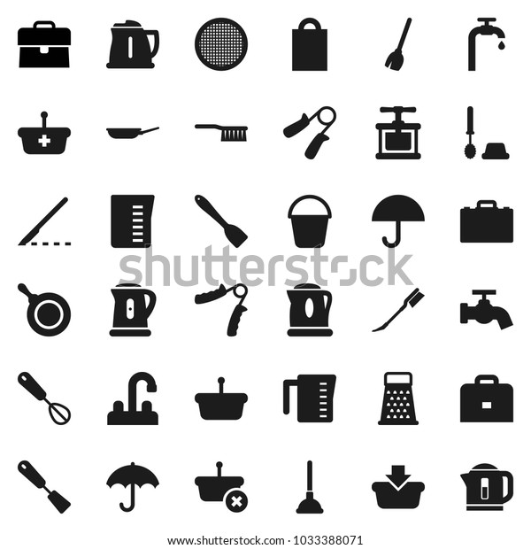 Flat vector icon set - plunger vector, broom,
fetlock, bucket, water tap, car, toilet brush, pan, kettle,
measuring cup, cook press, whisk, spatula, grater, sieve, case,
hand trainer, umbrella