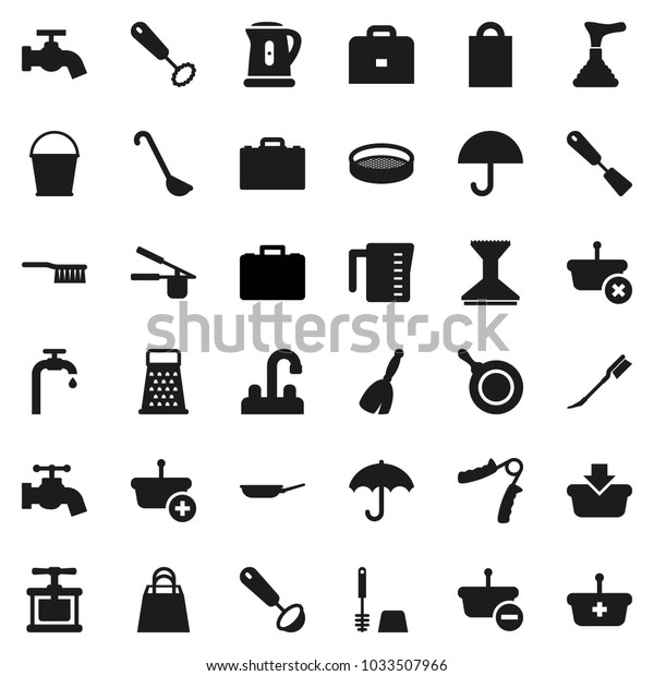 Flat vector icon set - plunger vector, broom,
fetlock, bucket, water tap, car, toilet brush, pan, kettle,
measuring cup, cook press, whisk, spatula, ladle, grater, sieve,
case, hand trainer,
supply