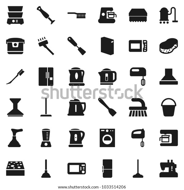 Flat vector icon set - plunger vector, vacuum\
cleaner, fetlock, mop, bucket, sponge, car, washing powder, kettle,\
spatula, double boiler, fridge, washer, mixer, coffee maker, hood,\
multi cooker