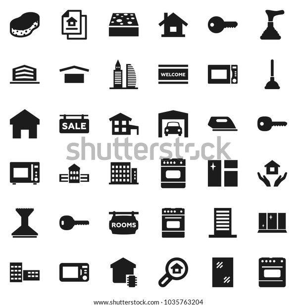 Flat vector icon set - plunger vector, sponge,\
car fetlock, window cleaning, welcome mat, shining, house hold,\
microwave oven, school building, dry cargo, home, key, cottage,\
garage, estate document