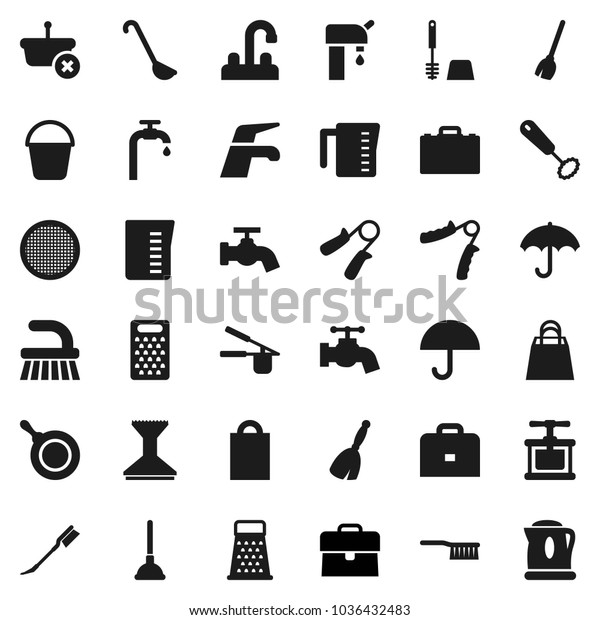 Flat vector icon set - plunger vector, broom,
water tap, fetlock, bucket, car, toilet brush, pan, measuring cup,
cook press, whisk, ladle, grater, sieve, case, hand trainer,
umbrella, supply, basket