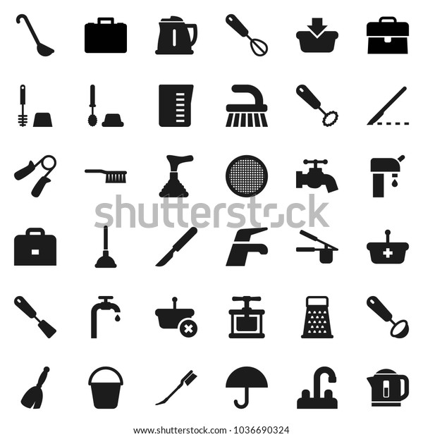 Flat vector icon set - plunger vector, broom,\
water tap, fetlock, bucket, car, toilet brush, kettle, measuring\
cup, cook press, whisk, spatula, ladle, grater, sieve, case, hand\
trainer, umbrella