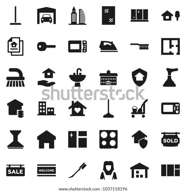 Flat vector icon set - plunger vector, cleaner\
trolley, fetlock, mop, car, window cleaning, welcome mat, iron,\
shining, house hold, sink, woman, oven, university, warehouse,\
home, key, chalet, plan