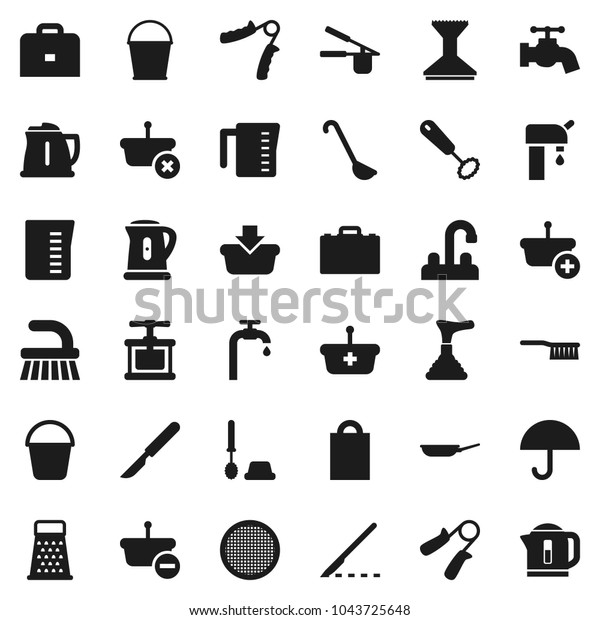 Flat\
vector icon set - plunger vector, fetlock, bucket, water tap, car,\
toilet brush, pan, kettle, measuring cup, cook press, whisk, ladle,\
grater, sieve, case, hand trainer, umbrella,\
scalpel