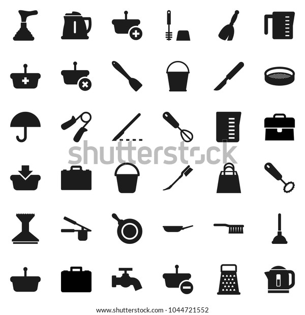 Flat vector icon set - plunger vector, broom,
fetlock, bucket, water tap, car, toilet brush, pan, kettle,
measuring cup, cook press, whisk, spatula, grater, sieve, case,
hand trainer, umbrella