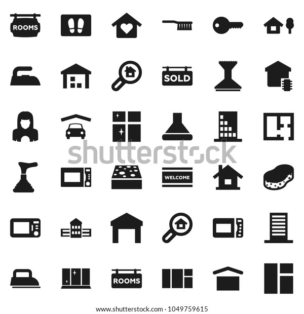 Flat vector icon set - plunger vector, fetlock,\
sponge, car, welcome mat, iron, shining window, cleaner woman,\
microwave oven, school building, dry cargo, warehouse, house,\
chalet, garage, plan, key