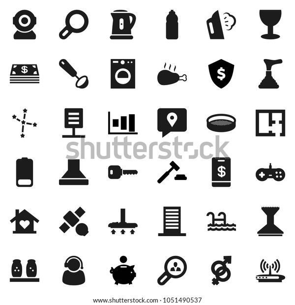 Flat vector icon set - plunger vector, vacuum\
cleaner, car fetlock, steaming, kettle, ladle, spices, sieve,\
chicken leg, constellation, graph, piggy bank, auction, dollar\
shield, water bottle,\
glass