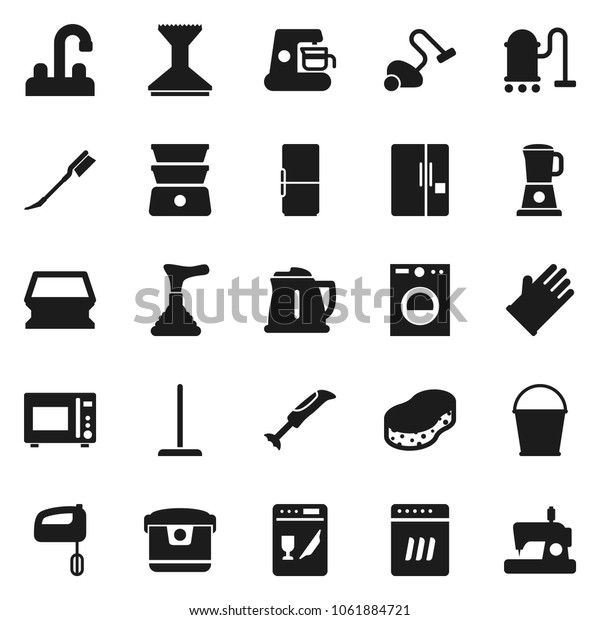 Flat vector icon set - plunger vector, vacuum\
cleaner, mop, bucket, sponge, car fetlock, rubber glove, water tap,\
kettle, microwave oven, double boiler, fridge, washer, dishwasher,\
mixer, blender