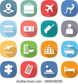 flat vector icon set - pointer vector, portfolio, plane, greate wall, airport building, ticket, suitcase, baggage, departure, hotel, transfer, signpost, inflatable mattress, landscape, bed