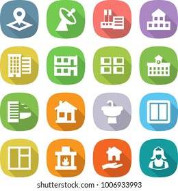 flat vector icon set - pointer vector, satellite antenna, store, cottage, houses, modular house, panel, university, hotel, home, sink, power switch, window, fireplace, housing, cleaner